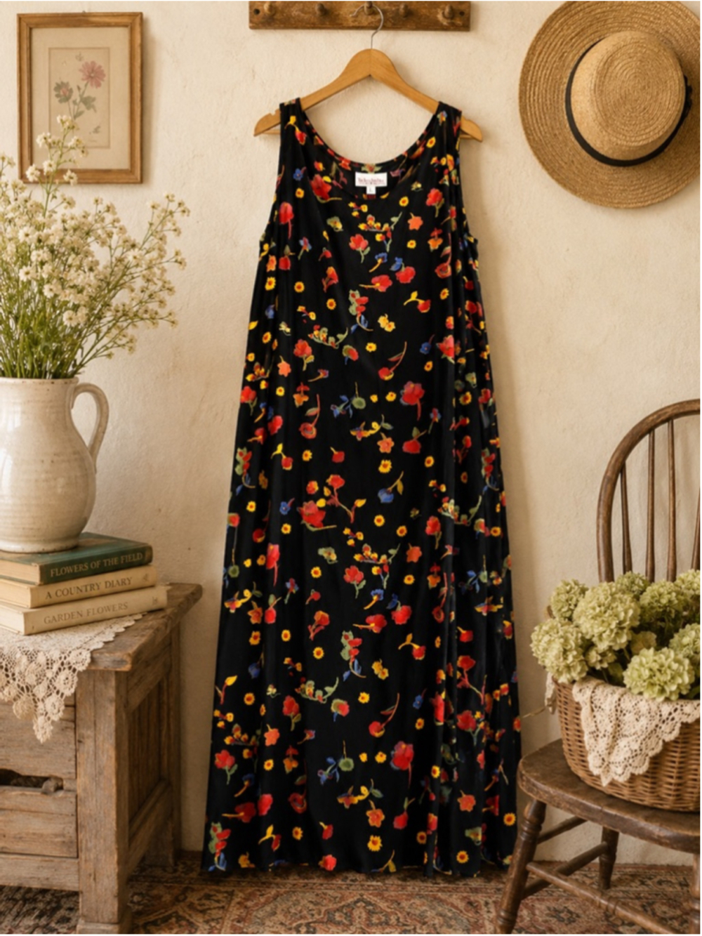 The Last Best Place Black Floral Maxi Dress Large Rayon Sleeveless Boho USA